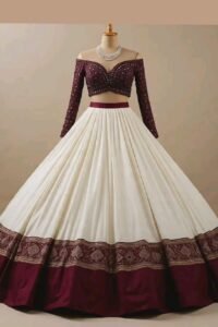 Wine & Off-White Contrast Off-Shoulder Lehenga Choli with Embroidered Border