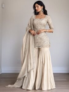 Champagne Gold Heavily Embellished Sharara Set with Tasseled Kurti and Dupatta