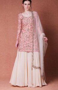 Peach Floral Embroidered Kurti with Off-White Georgette Sharara & Dupatta Set